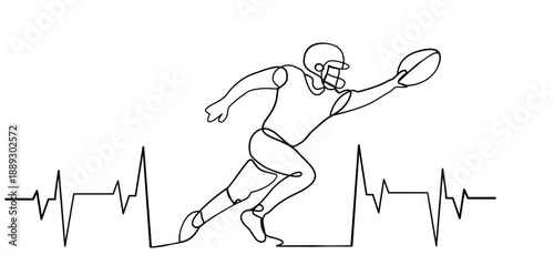 Continuous line heart with football player - sport - decoration in a simple linear style, vector graphic illustration, greeting card, sublimation, embroidery,	