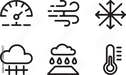 A collection of six black and white weather forecast icons