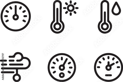 A set of six black line art icons depicting various weather conditions and instruments