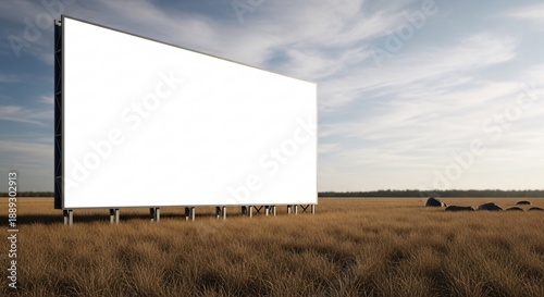 A large, white blank billboard or promotion poster is displayed outdoors, situated prominently in an open area. The billboard is vast, featuring a clean, flat white surface with no text