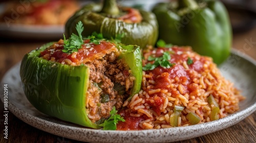 Delicious stuffed peppers with ground beef and savory tomato sauce.