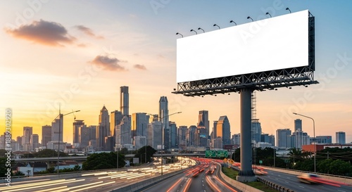Big Empty Billboard Mockup Along A Highway On The City Background. White Blank Canvas For Your Advertising Or Banner