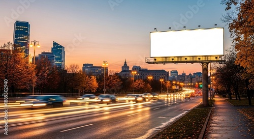 Advertising billboard along the road in the city on a autumn sunny evening. Background for design.