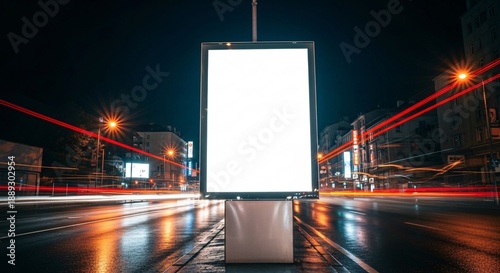 Mockup Of An Outdoor Poster Billboard On Street At Night. Blank Advertising Display With Car Light Trails In The Background