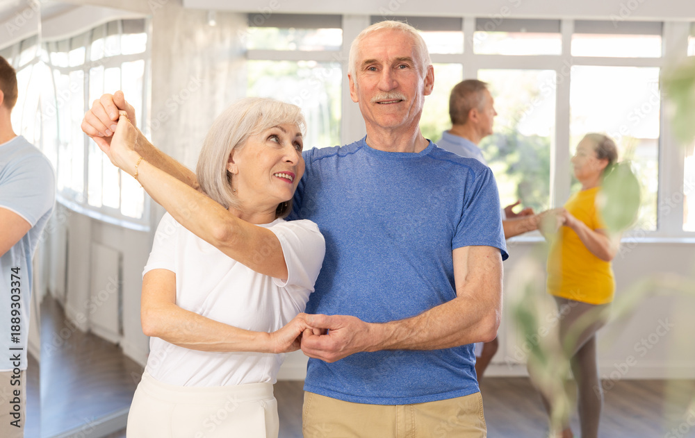 Fototapeta premium Elderly man and elderly woman dance ballroom dance waltz in studio