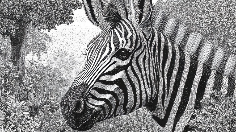 Fototapeta premium Detailed black and white zebra in lush forest setting.