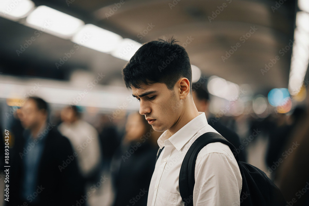 Fototapeta premium A thoughtful young man wearing a white shirt and backpack looks downward, isolated amidst a blurry, bustling urban transit environment.
