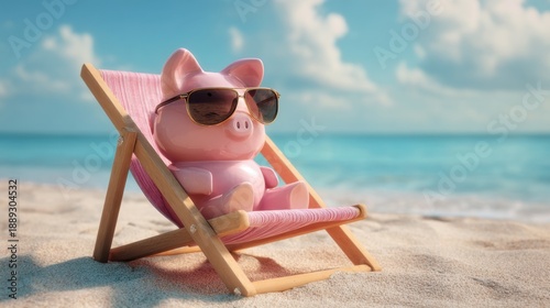 Piggy bank relaxing on beach with sunglasses on a sunny day.