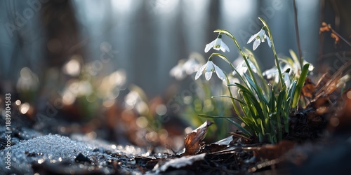 Delicate snowdrop flowers blooming in early spring forest with melting snow and streaming sunlight. First signs of seasonal change captured in a quiet woodland moment.