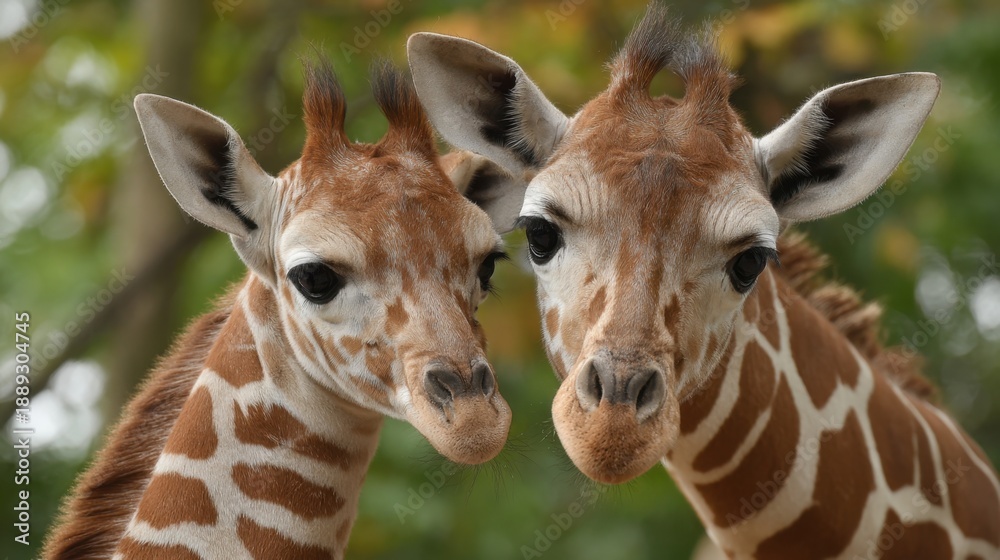 Obraz premium Two young giraffes with spotted coats in a natural habitat.