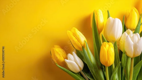 Yellow and white tulips against vibrant yellow background.