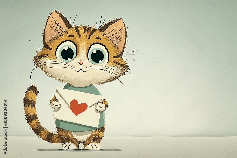 Fototapeta premium Little cartoon cat character with big eyes holding a white envelope featuring a red heart, symbolizing love, romance, valentine's day, and heartfelt messages