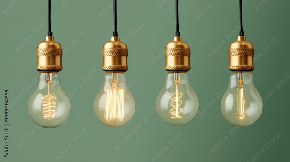 Obraz premium Golden vintage edison light bulbs against green background.