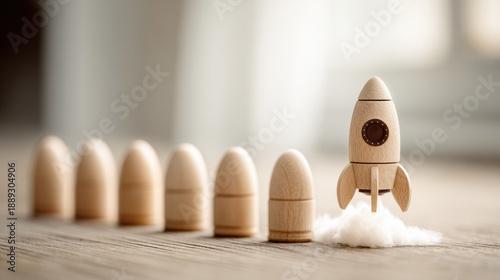 A wooden rocket figurine launches amongst other wooden figures on a table. This shows startup growth and decision making in business.
