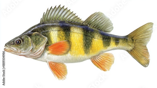 Detailed illustration of a yellow perch fish with distinctive stripes and fins.