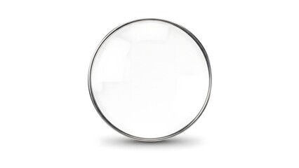 A polished, silver-rimmed magnifying glass casts a shadow on a stark white background