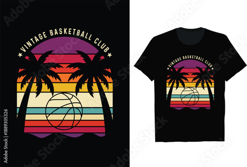 Vintage Basketball Club Retro Sunset Palm Tree T Shirt Design Vector Illustration