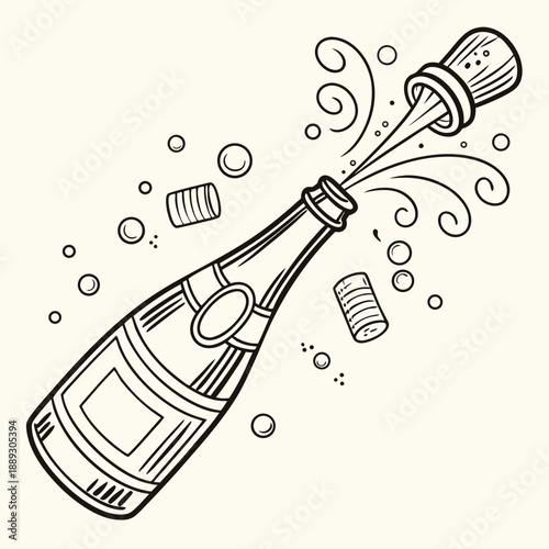 Exploding champagne bottle with cork and bubbles line drawing. Vector retro hand drawn illustration