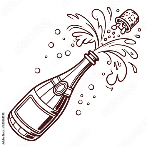 Exploding champagne bottle with cork and bubbles line drawing. Vector retro hand drawn illustration
