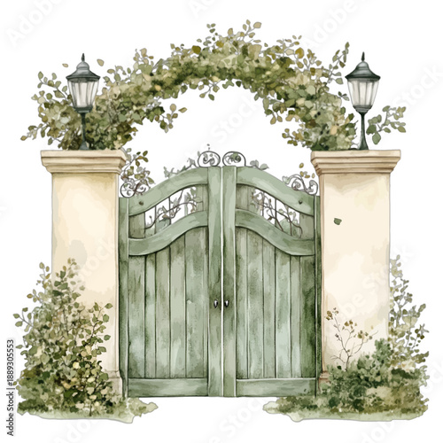 Vintage watercolor garden gate with stone pillars and leafy arch