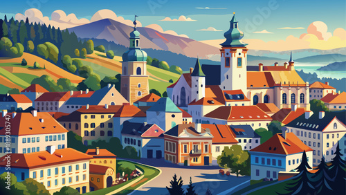  Very beautiful main square of Banská Bystrica in Slovakia, filled with colorful historic buildings, classical fortifications, and the charm of a lively European old town.