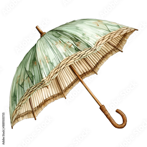 Vintage watercolor sage green parasol with floral pattern and lace trim