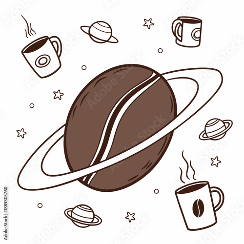 A large coffee bean illustrated like a planet, with steaming mugs orbiting around it, playful and imaginative vector design on white background.