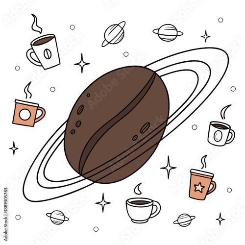 A large coffee bean illustrated like a planet, with steaming mugs orbiting around it, playful and imaginative vector design on white background.