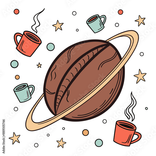 A large coffee bean illustrated like a planet, with steaming mugs orbiting around it, playful and imaginative vector design on white background.