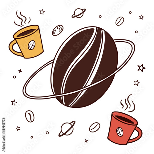 A large coffee bean illustrated like a planet, with steaming mugs orbiting around it, playful and imaginative vector design on white background.