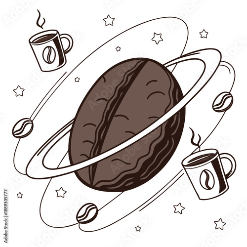 A large coffee bean illustrated like a planet, with steaming mugs orbiting around it, playful and imaginative vector design on white background.