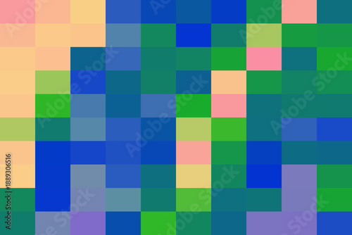 Illustration of vibrant pixel art composition with multicolored squares on a background