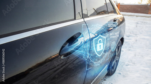 Close-up of car door handle with futuristic security HUD