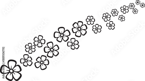 A black and white illustration of a stylized floral pattern with multiple small flowers in a diagonal line on a white background.