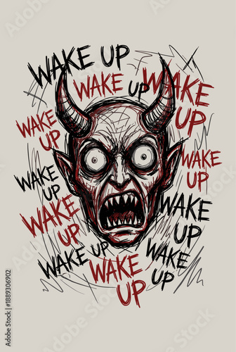 Intense Scary Demonic Creature Head with Horns and Bulging Eyes Surrounded by Frantic Wake Up Text and Scribbles