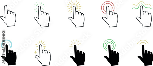 A collection of ten hand icons with index finger extended, each interacting with various colorful digital effects on a white background, conveying technology and interaction.