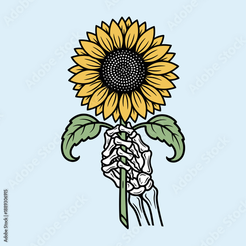 Sunflower's Embrace: A delicate and intricately drawn skeleton hand tenderly cradles a vibrant sunflower. a visual metaphor for the transient beauty of life and the interplay of existence.