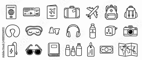 Travel and tourism outline icons set. Vector illustration of vacation symbols. Editable stroke line art for web design.