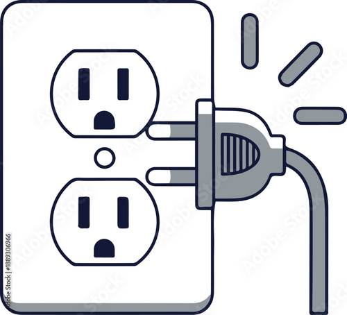 Electric shock icon, plug and socket outlet with a frowning face, symbolizing electrical safety and hazard warning, isolated on a white background.
