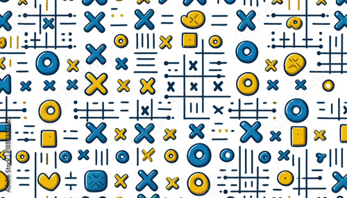 seamless pattern with cross circle and lines in a white background with blues and yellows