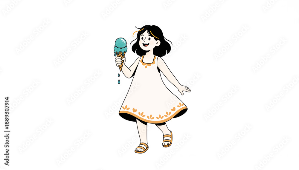 Fototapeta premium Girl walking with ice cream in summer dress. Flat design vector illustration of a happy child. Character isolated on white background