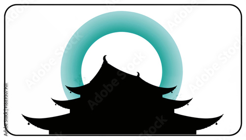 Traditional Asian temple roof silhouette with full moon. Minimalist vector illustration of ancient pagoda architecture. Black building shape on teal gradient circle background