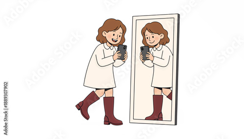 Girl smiling with new boots beside a mirror. Flat design vector illustration of a character taking a selfie. Fashion, shopping and lifestyle concept isolated on white background