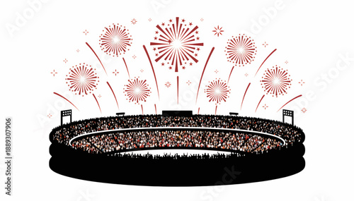 Fireworks display above a crowded stadium. Celebration and sports event concept. Silhouette of people in an arena. Flat vector illustration isolated on white background