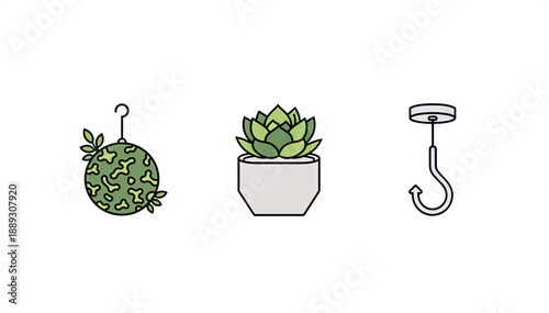 Home decor plant icon set. Kokedama moss ball and succulent in pot. Flat design vector illustration isolated on white background