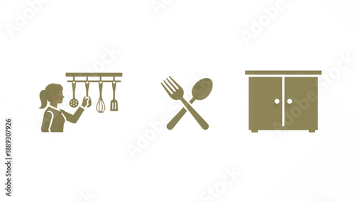 Home and kitchen icon set. Woman selecting utensils from a rack. Crossed fork and spoon and kitchen cabinet icons. Flat design vector illustration