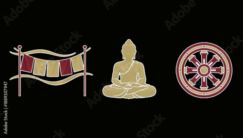 Buddhist religious icon set. Meditating Buddha statue, prayer flags and Dharma wheel. Flat vector illustration isolated on black background