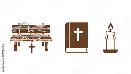 Religious icon set with rosary on wooden bench, Holy Bible and burning candle. Flat vector illustration isolated on white. Christian faith and spirituality symbols for church and worship