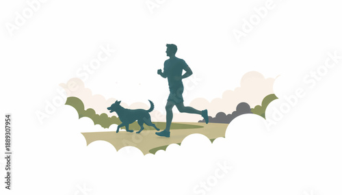 Man jogging with dog in a park. Flat design vector illustration of healthy lifestyle and outdoor exercise. Silhouette characters on a path with fog and trees