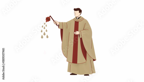 Priest sprinkling holy water at a religious ceremony. Flat design vector illustration of a catholic cleric performing a blessing. Isolated on white background
